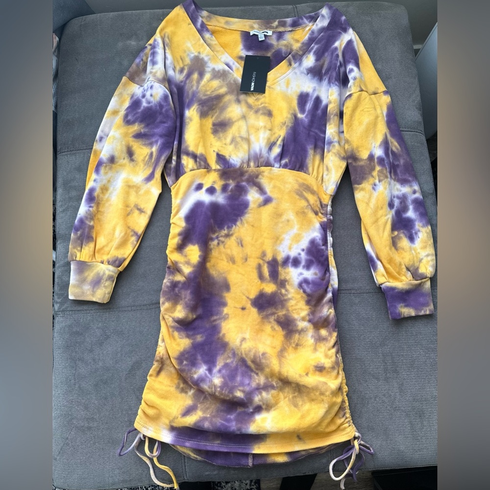 Fashion Nova Ruched Attitude Tie Dye Mini Dress - Yellow/combo